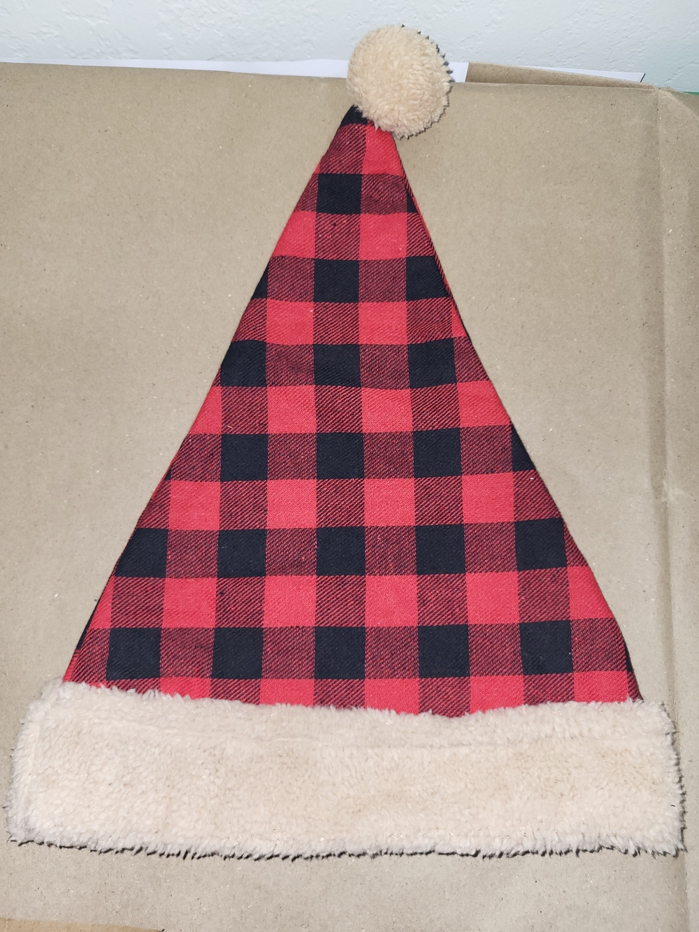 Plaid Red and Black Kids Santa Hat with Cream Trim